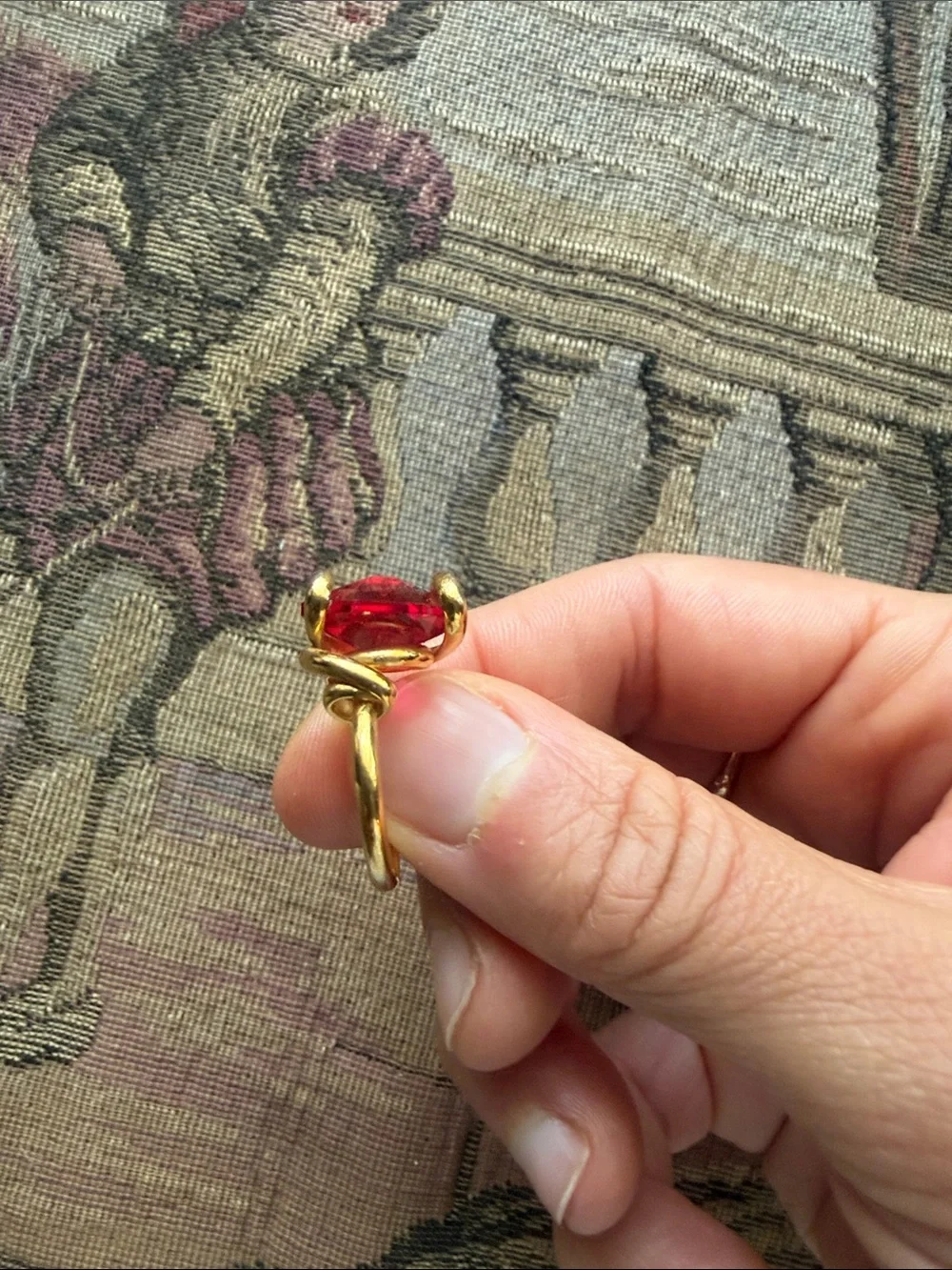 Gold-Plated Ring with Deep Red Cushion Stone